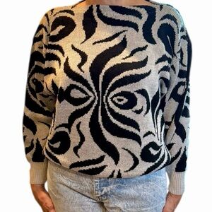 80's Vintage Women’s Abstract Black Silver White Sweater Grannycore Medium